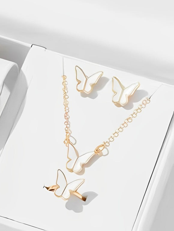 Elegant Butterfly Necklace Set for Women (4 Pcs) | White Pendant, Earrings & Ring Jewelry