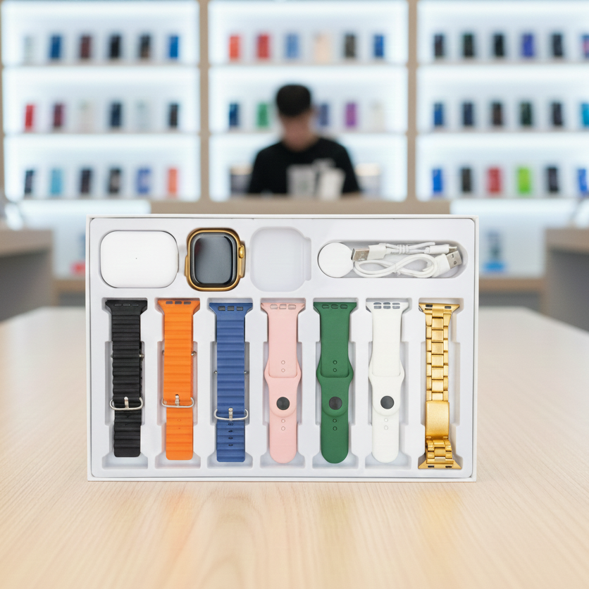 I20 Ultra Max Suit 10-in-1 Smart Watch Set | Includes Airpods, 7 Straps & Protective Case