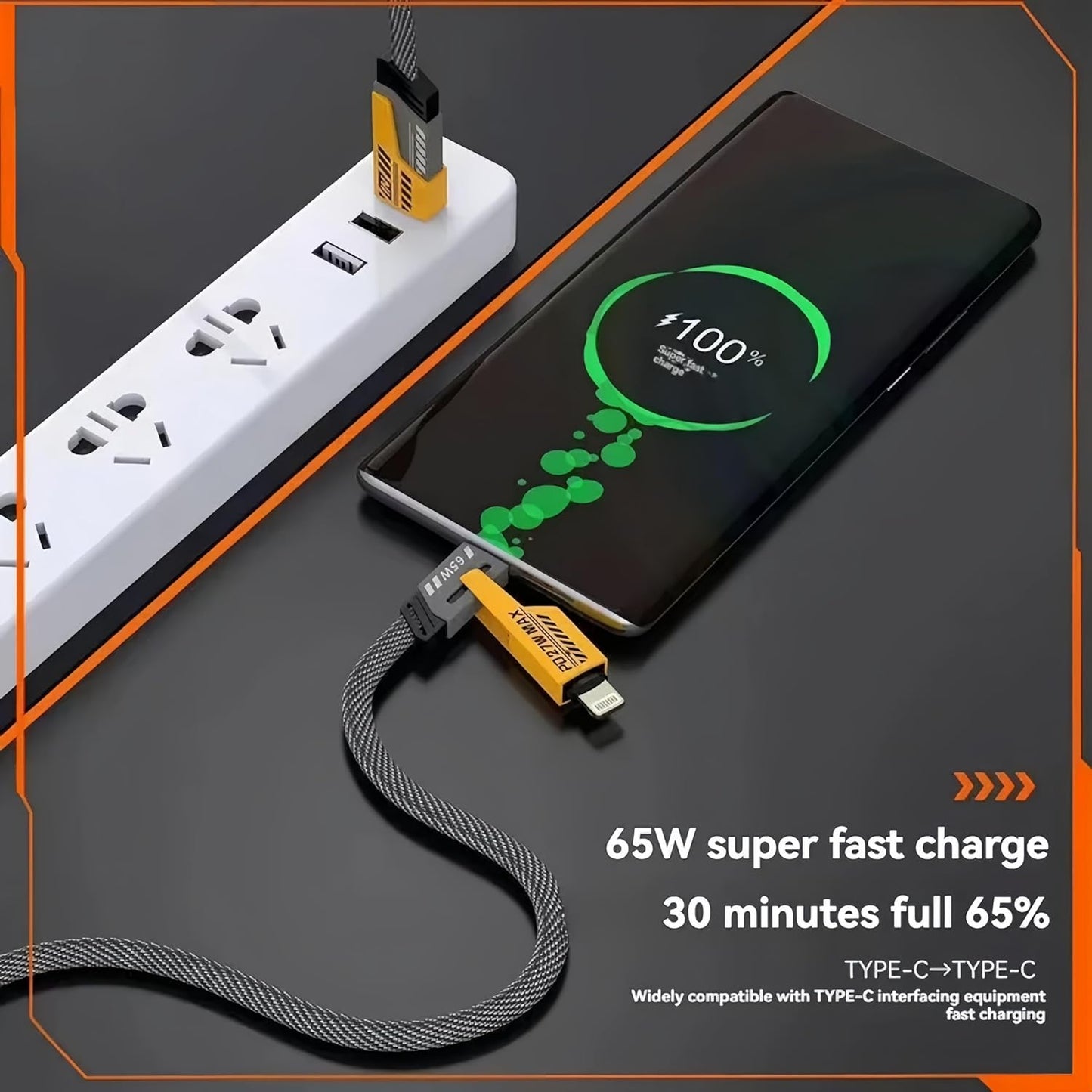 4-in-1 Fast Charging Cable 65W PD | Multi-Connector USB-C, USB-A to Lightning & Type-C Cord for iPhone, Samsung, MacBook