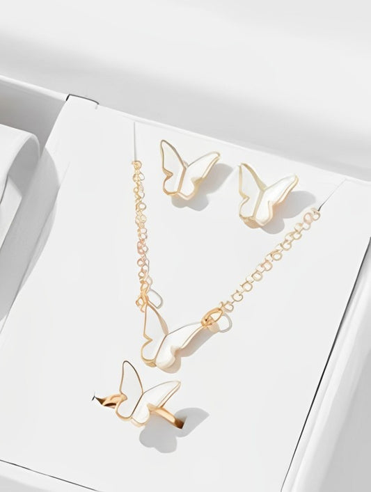 Elegant Butterfly Necklace Set for Women (4 Pcs) | White Pendant, Earrings & Ring Jewelry
