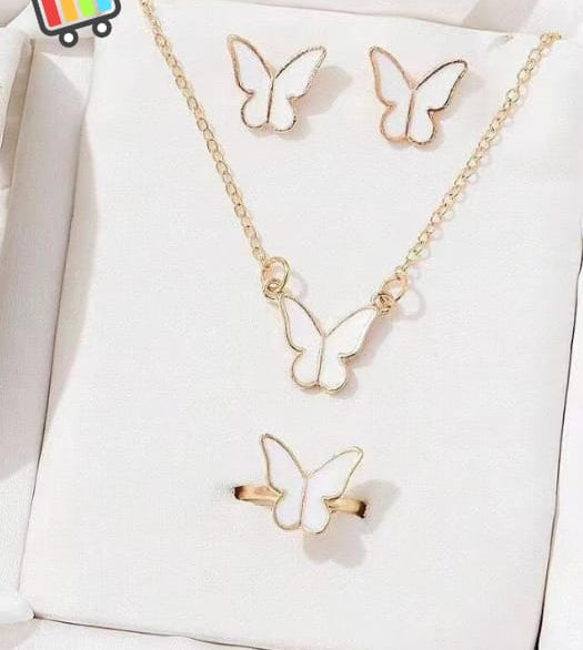 Elegant Butterfly Necklace Set for Women (4 Pcs) | White Pendant, Earrings & Ring Jewelry