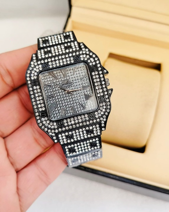 Ladies Stylish Stone Watch | Elegant Black & Silver Design with Diamond-Set Bezel