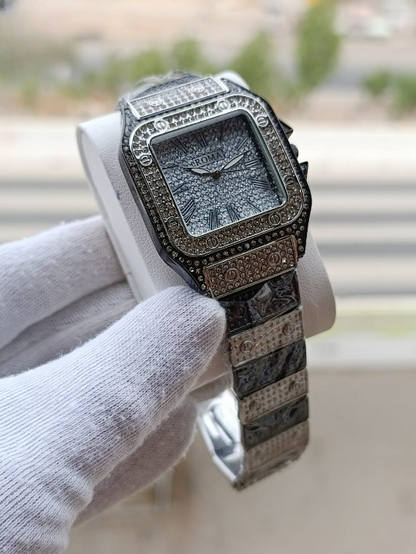 Ladies Stylish Stone Watch | Elegant Black & Silver Design with Diamond-Set Bezel